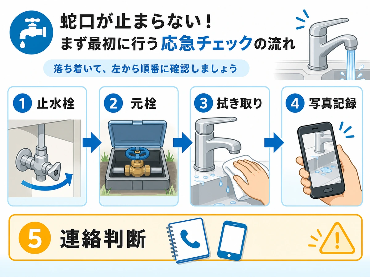 蛇口の水が止まらない時の止水栓、元栓、拭き取り、写真記録、連絡判断の流れ