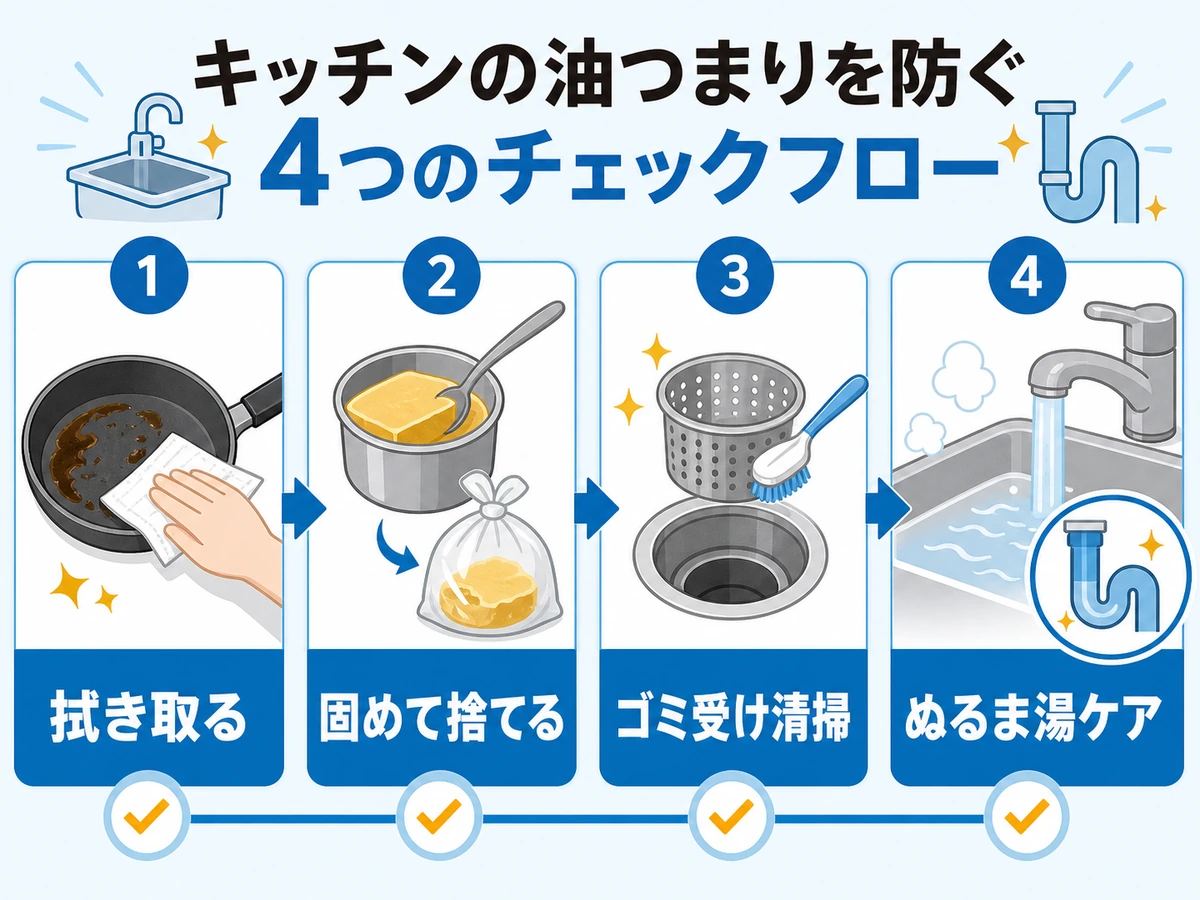 キッチンの油詰まりを防ぐ拭き取りと排水口ケアの流れ