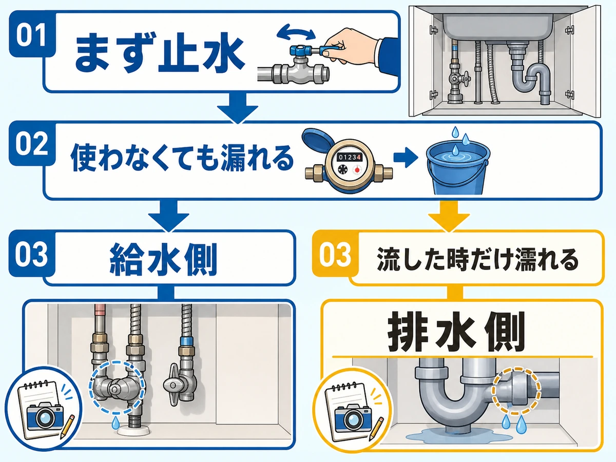 キッチン下の水漏れを給水側と排水側に切り分ける確認フロー