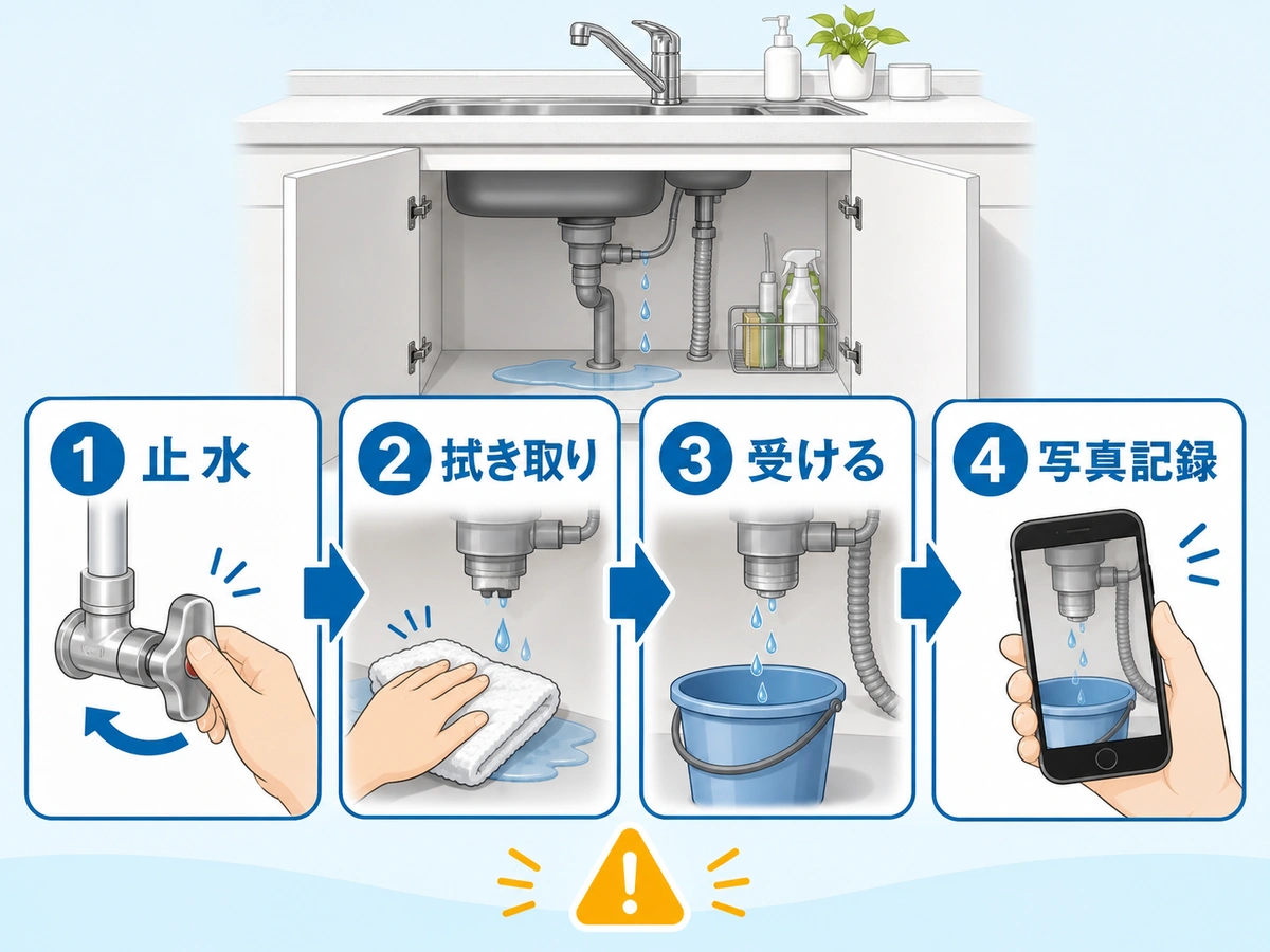 キッチン下の水漏れ時に止水、拭き取り、受ける、写真記録を行う流れ