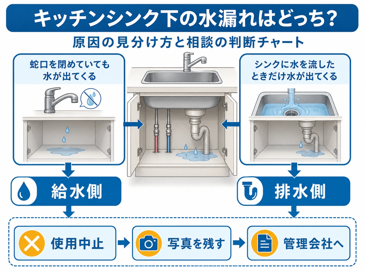 キッチン下の水漏れを給水側と排水側に切り分ける判断図