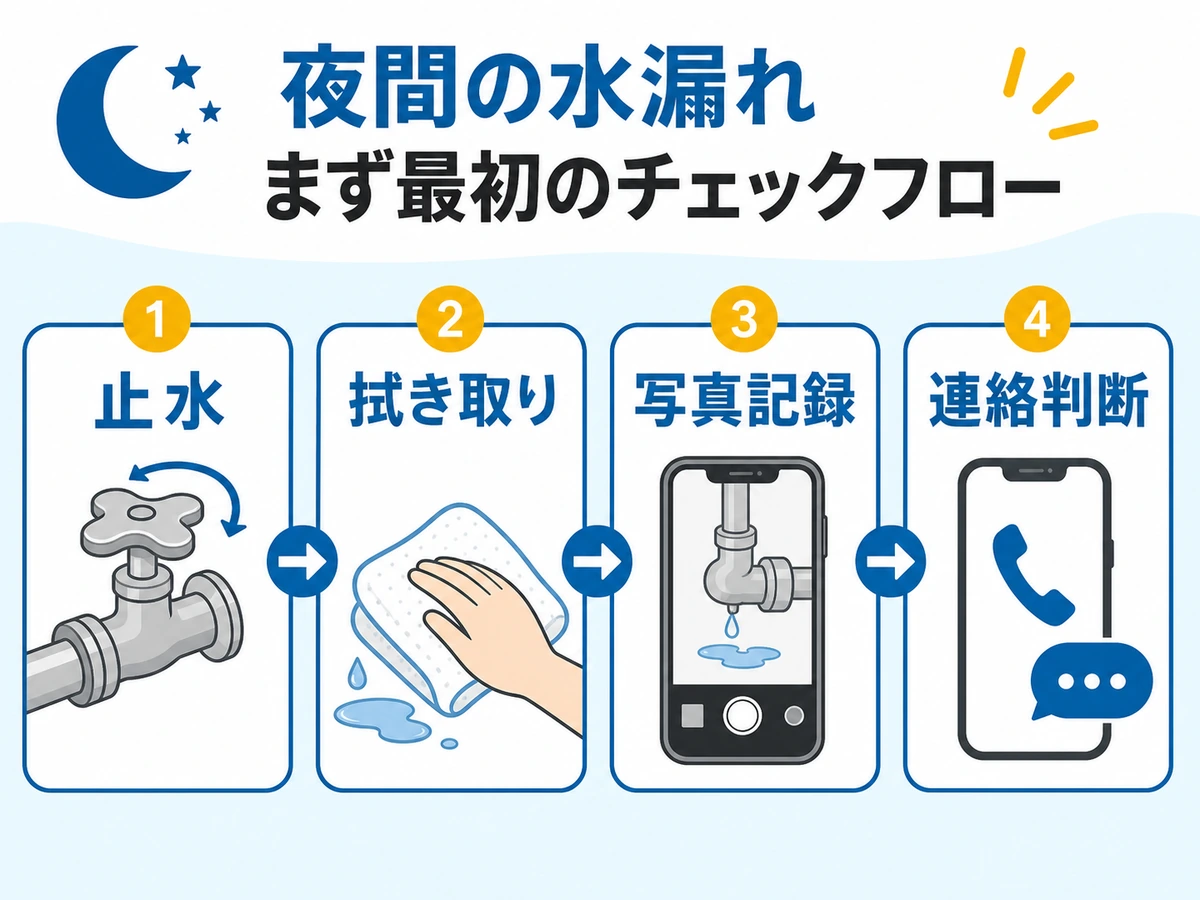 夜間の水漏れで最初に行う止水、拭き取り、写真記録、連絡判断の流れ