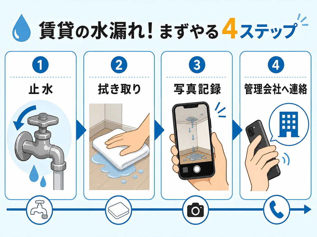 賃貸の漏水で最初に行う止水、拭き取り、写真記録、管理会社連絡の流れ