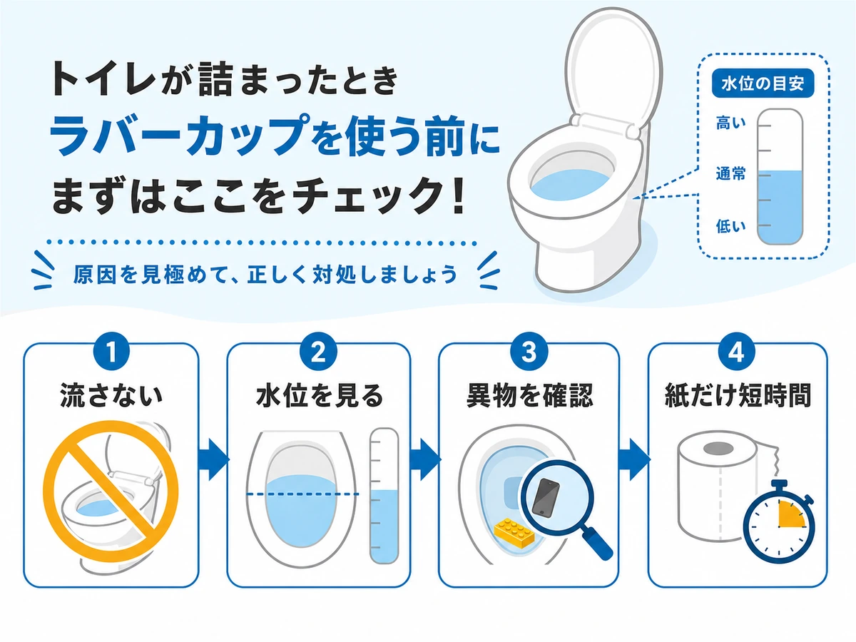 トイレ詰まりで水を流さず水位と異物を確認する流れ