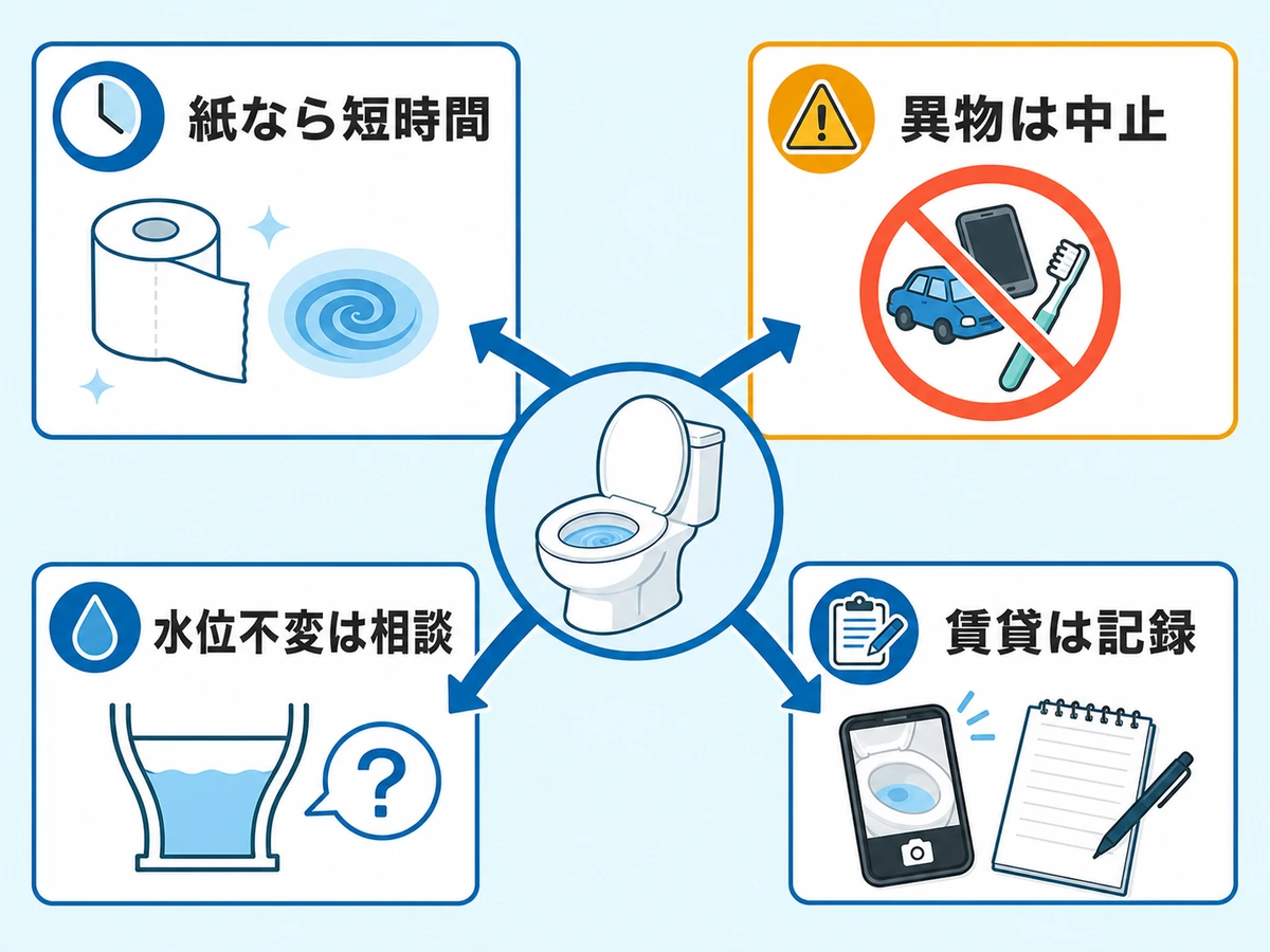 紙詰まりなら短時間だけ試し異物や水位不変なら止める判断図