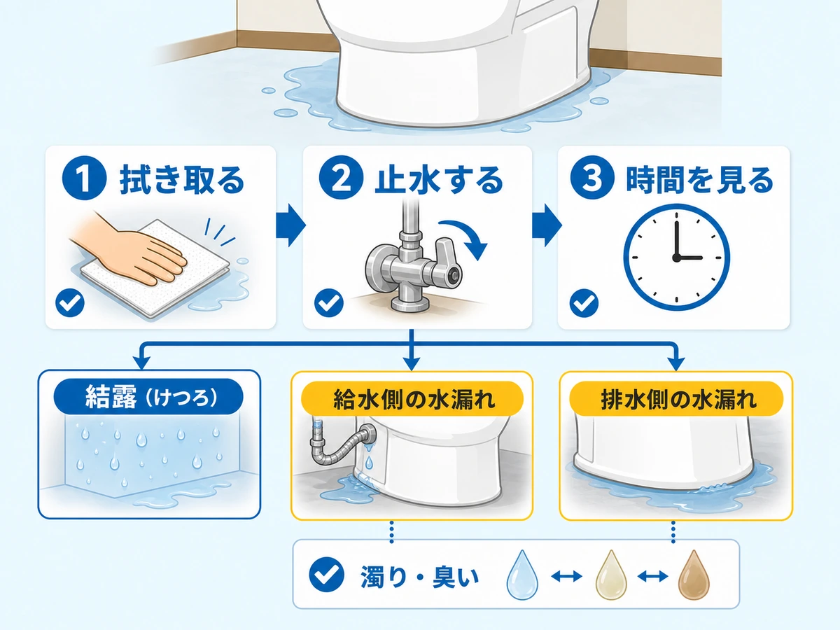 トイレの床が濡れたときの拭き取り、止水、時間確認、濁りや臭いの確認フロー