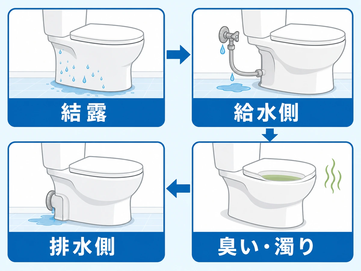 トイレ床の濡れ方を結露・給水側・排水側・臭い濁りで見分ける図