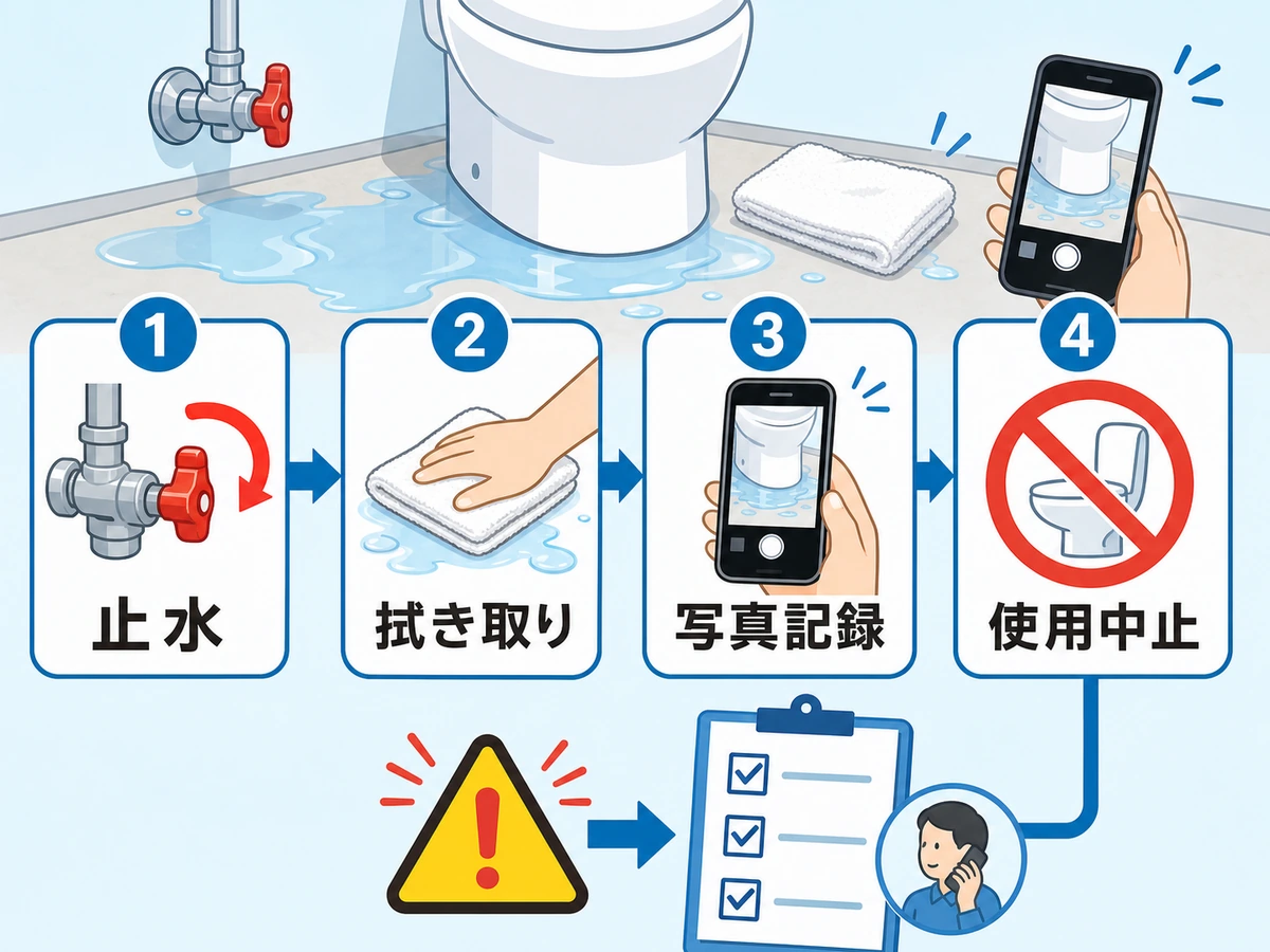 トイレ床が濡れたときの止水・拭き取り・写真記録・使用中止の判断図