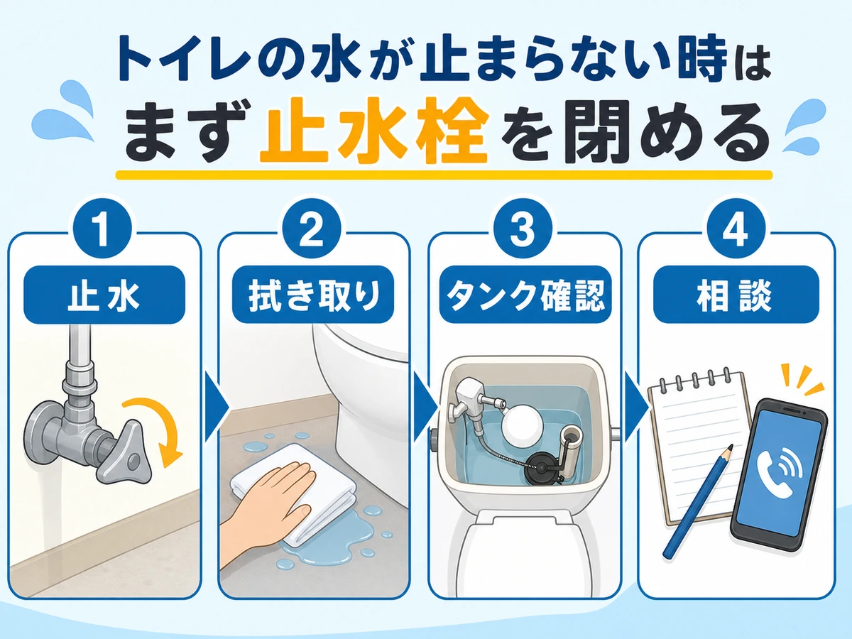 トイレの水が止まらない時の止水から相談までの確認フロー