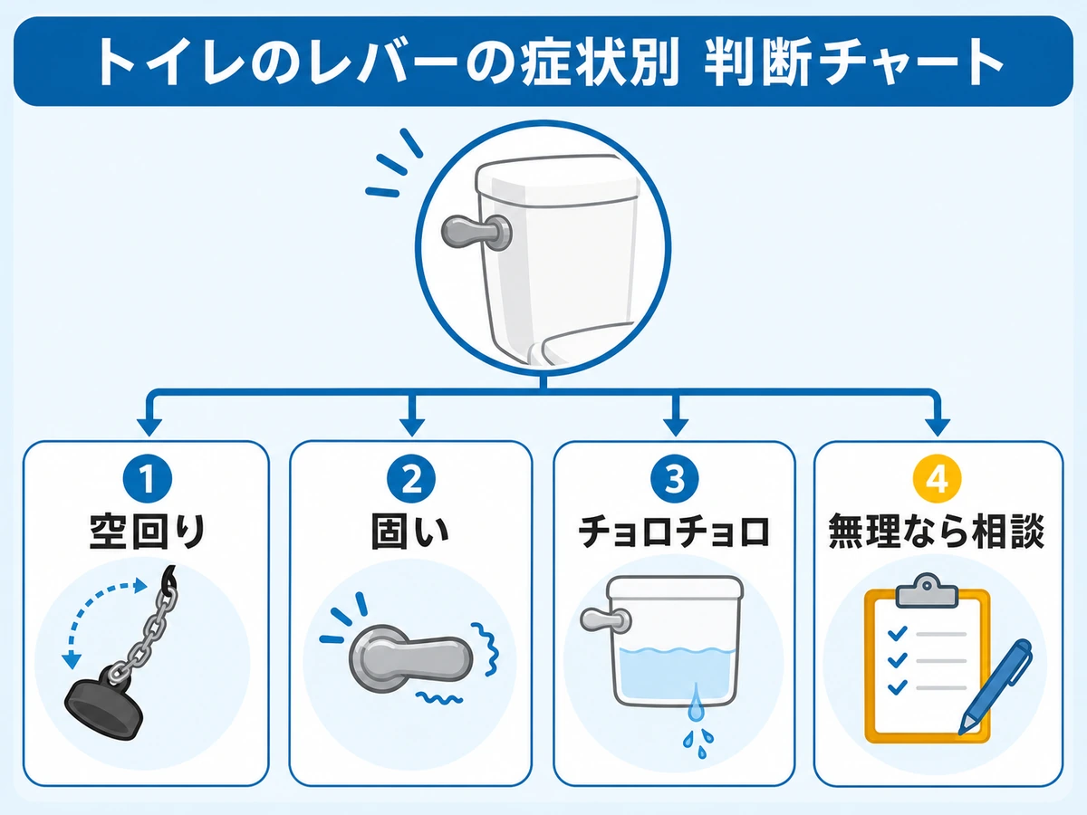 トイレレバーの症状別に自分で確認する範囲と相談目安を示す判断図