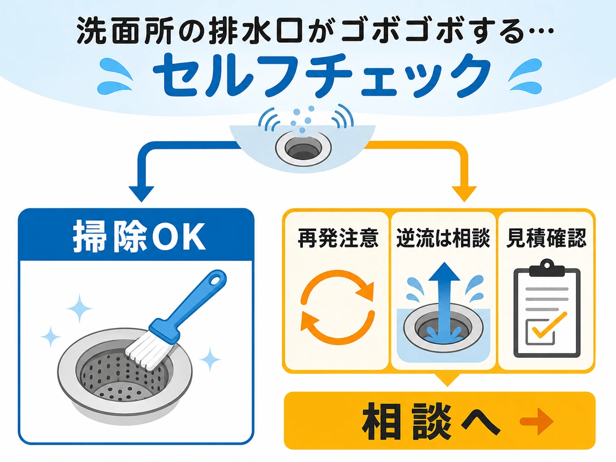 洗面所の排水溝の掃除でよい範囲と相談する目安を示す判断図