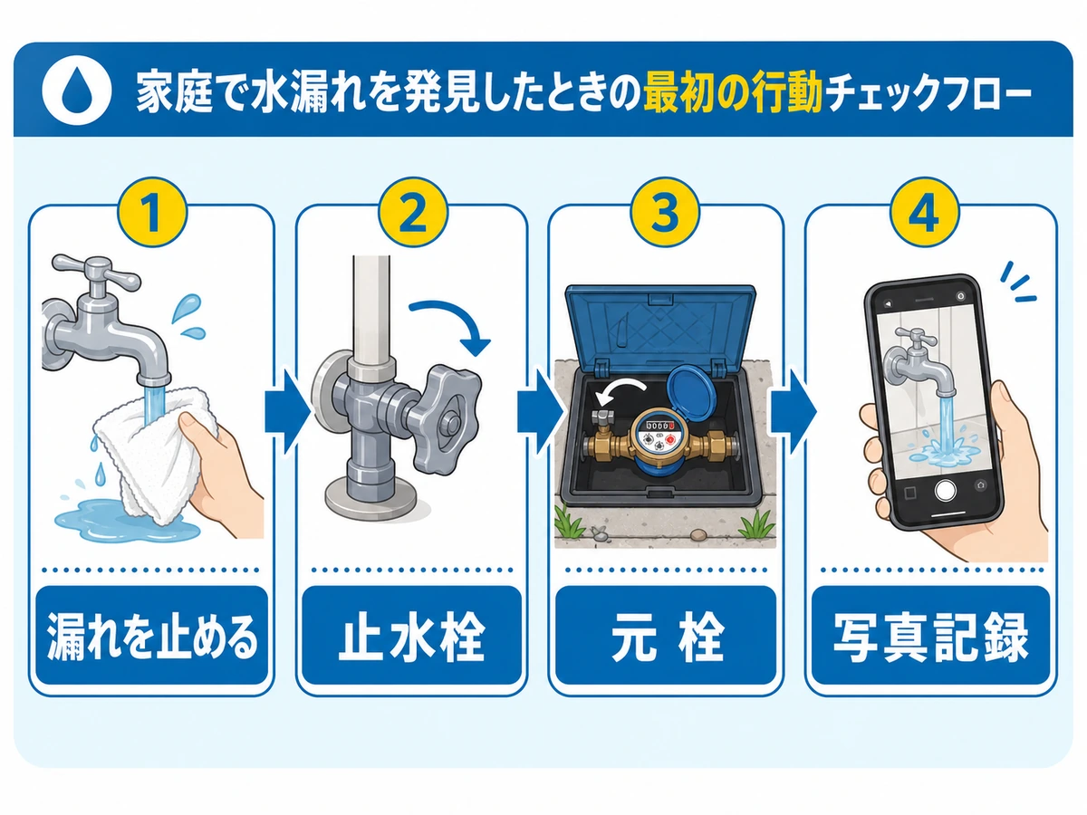 水漏れ時の初動として止水栓、元栓、写真記録へ進む流れ