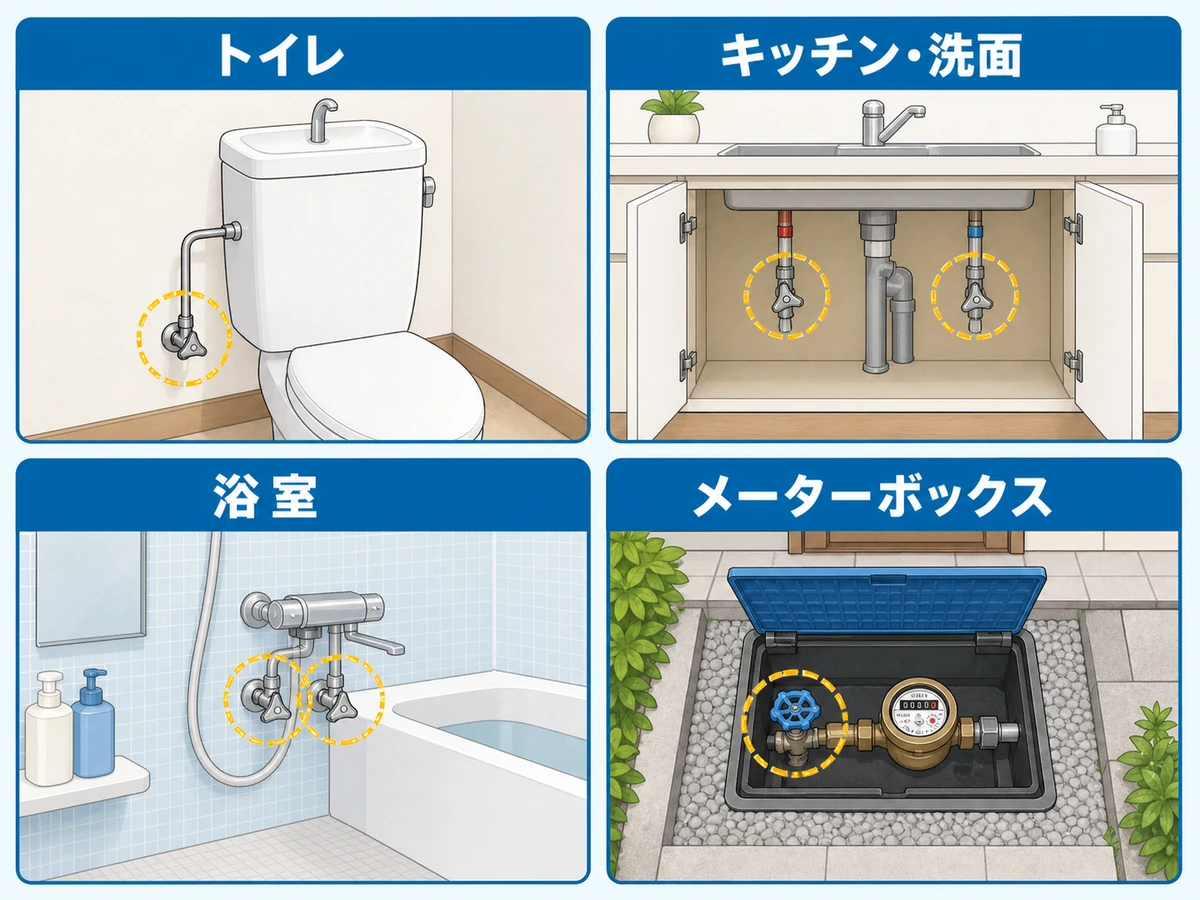トイレ、キッチン、洗面、浴室、メーターボックスで止水栓や元栓を探す場所