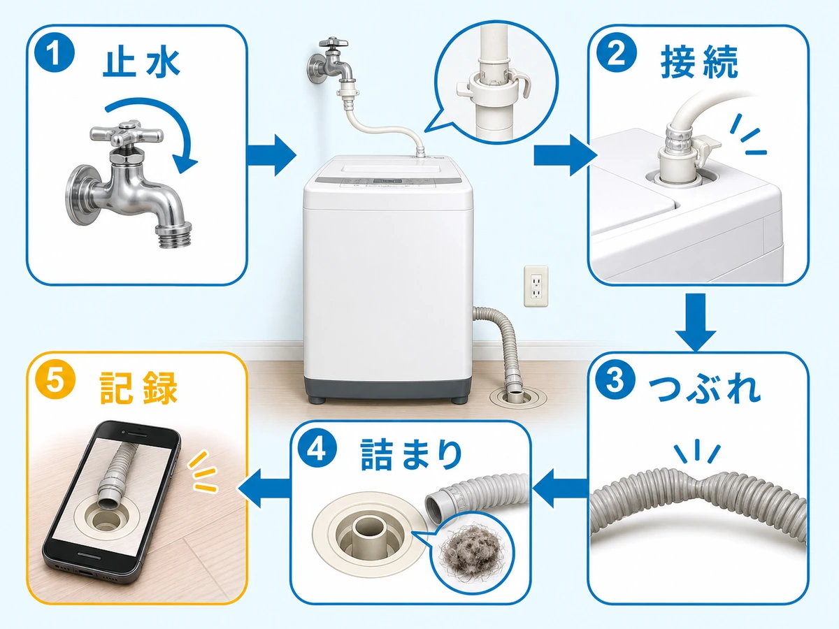 洗濯機の水漏れ時に止水、接続、つぶれ、詰まり、記録を確認する流れの図