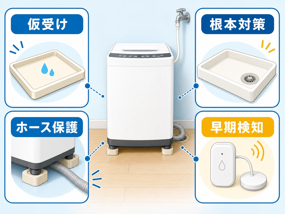 洗濯パンなしの水漏れ対策として受け皿、かさ上げ台、防水パン、センサーを比較した図