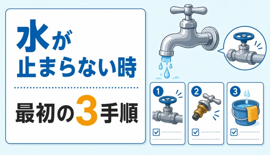 蛇口の水が止まらない時の最初の応急処置を示す図解
