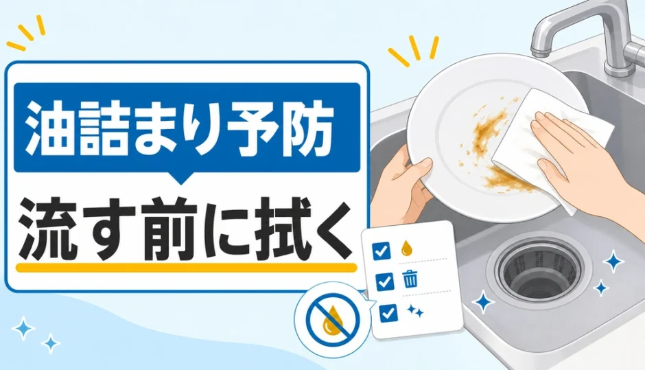 キッチンの油詰まり予防で洗う前に油を拭き取る様子