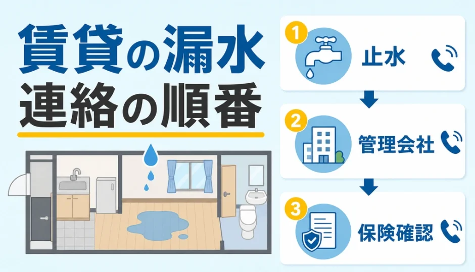 賃貸の漏水時に連絡する順番を示した図解