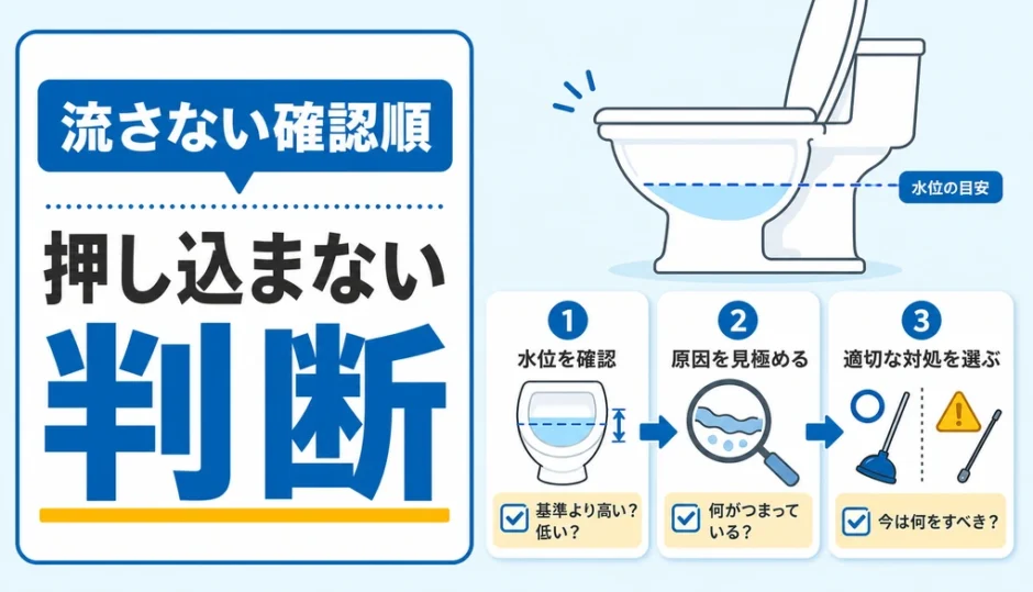 トイレ詰まりでラバーカップを押し込まない確認順を示す図