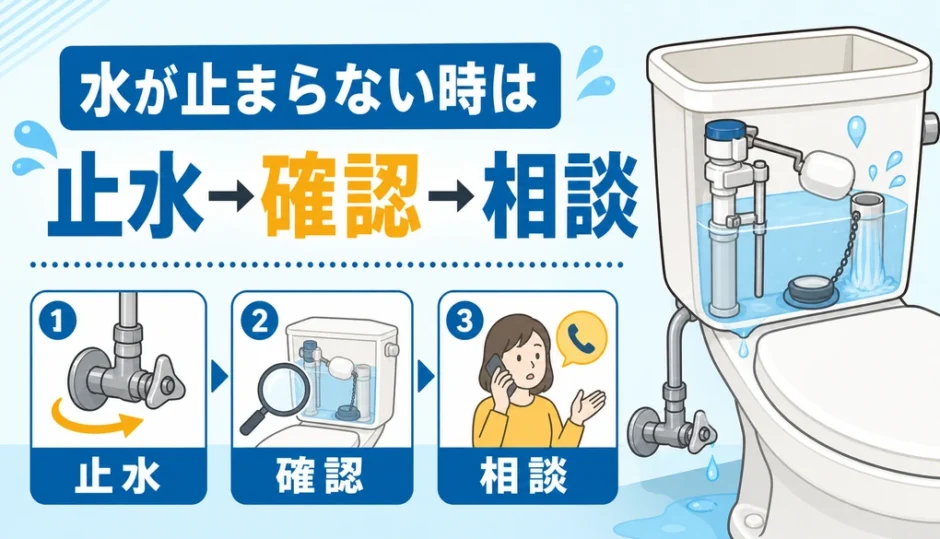 トイレの水が止まらない時の止水と確認順