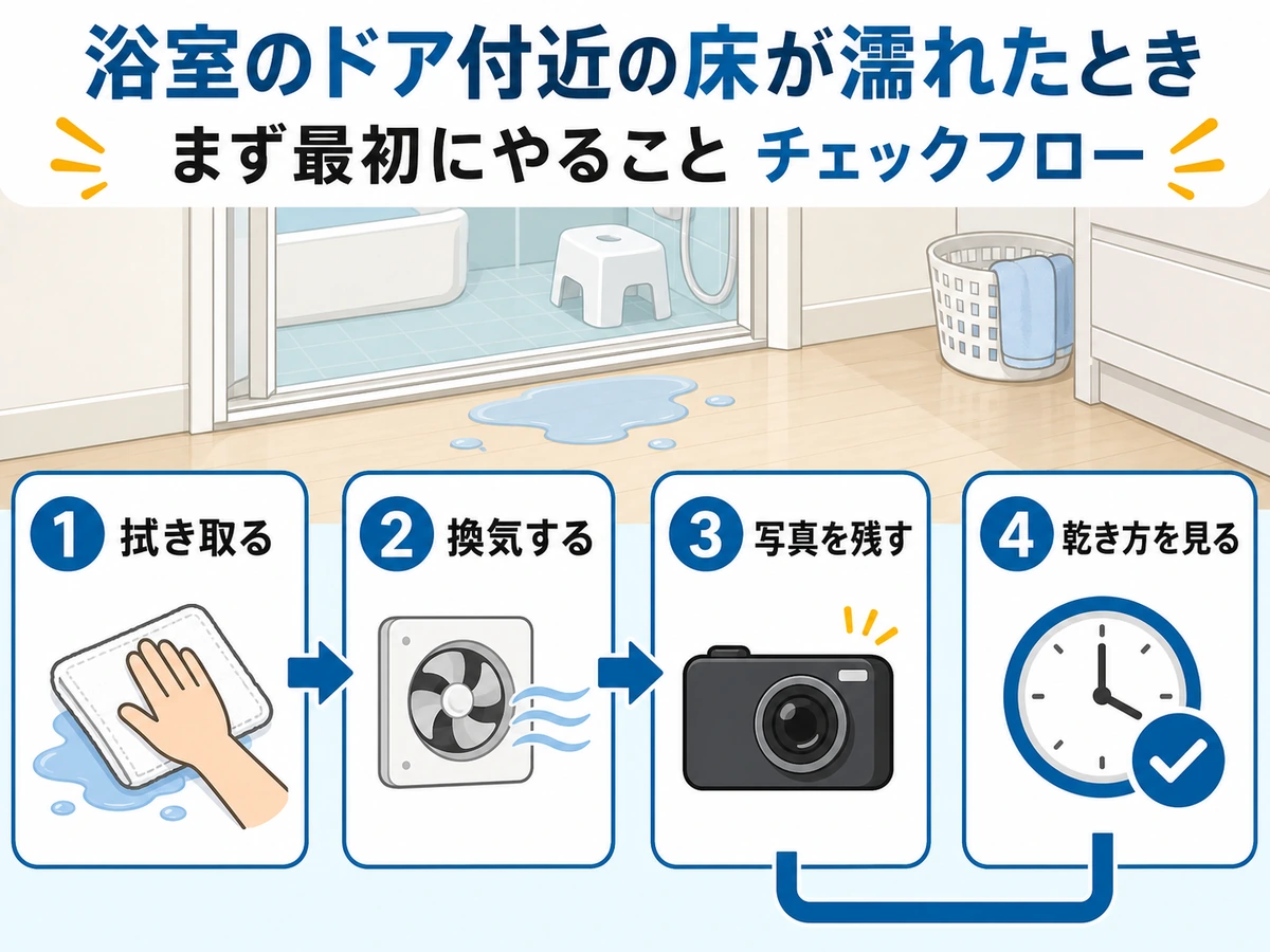 浴室ドア付近の床が濡れたときに拭き取り、換気、写真記録、乾き方確認を行う流れ