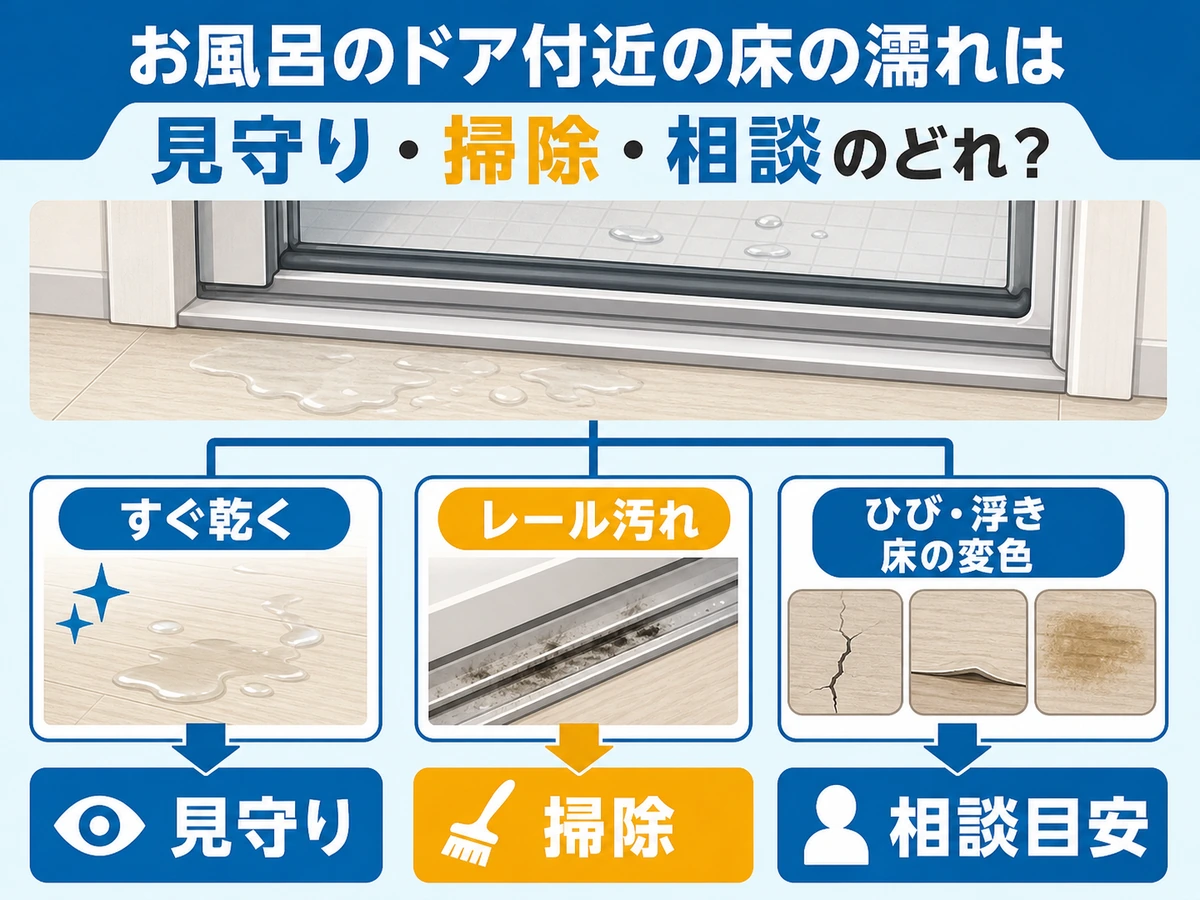 浴室ドア付近の床濡れをすぐ乾く、レール汚れ、ひびや浮き、床の変色から判断する図