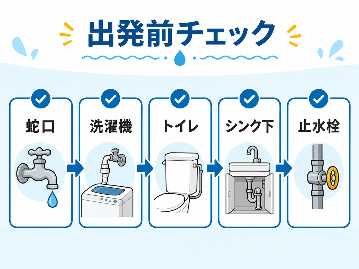 旅行前に蛇口・洗濯機・トイレ・シンク下・止水栓を確認する流れ