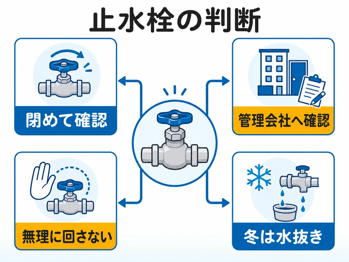 旅行前に止水栓を閉めるか、管理会社確認や水抜きへ進むかを示す判断図