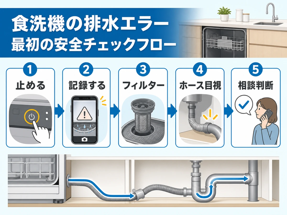 食洗機の排水エラー時に止める、記録する、フィルター、ホース目視、相談判断の順で確認する流れ