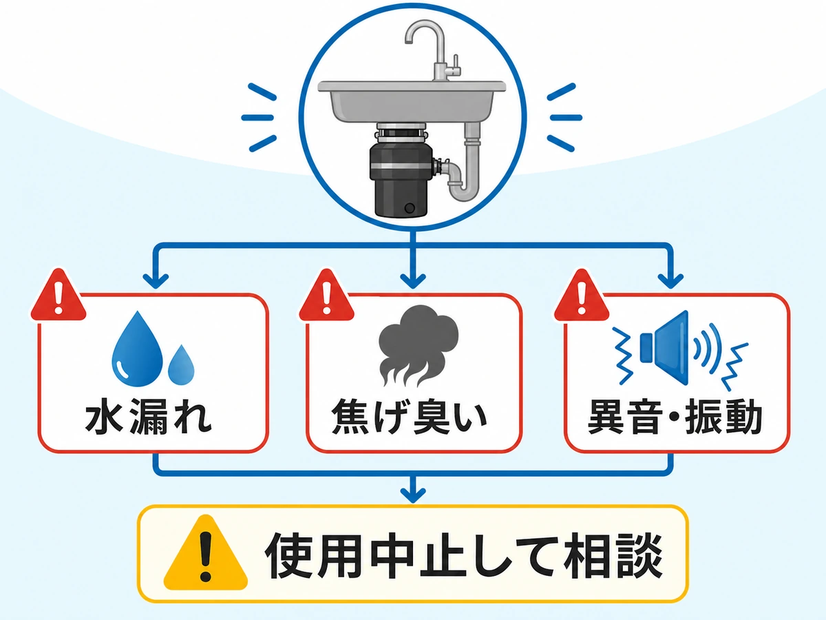 ディスポーザー詰まりで使用を中止して相談する症状の判断図