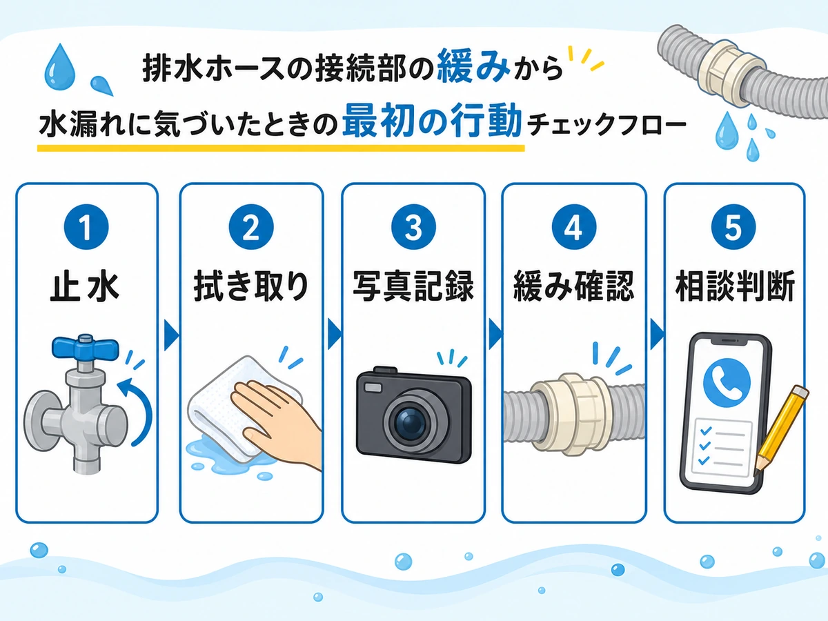 排水ホースの水漏れに気づいた時の止水から相談判断までの流れ