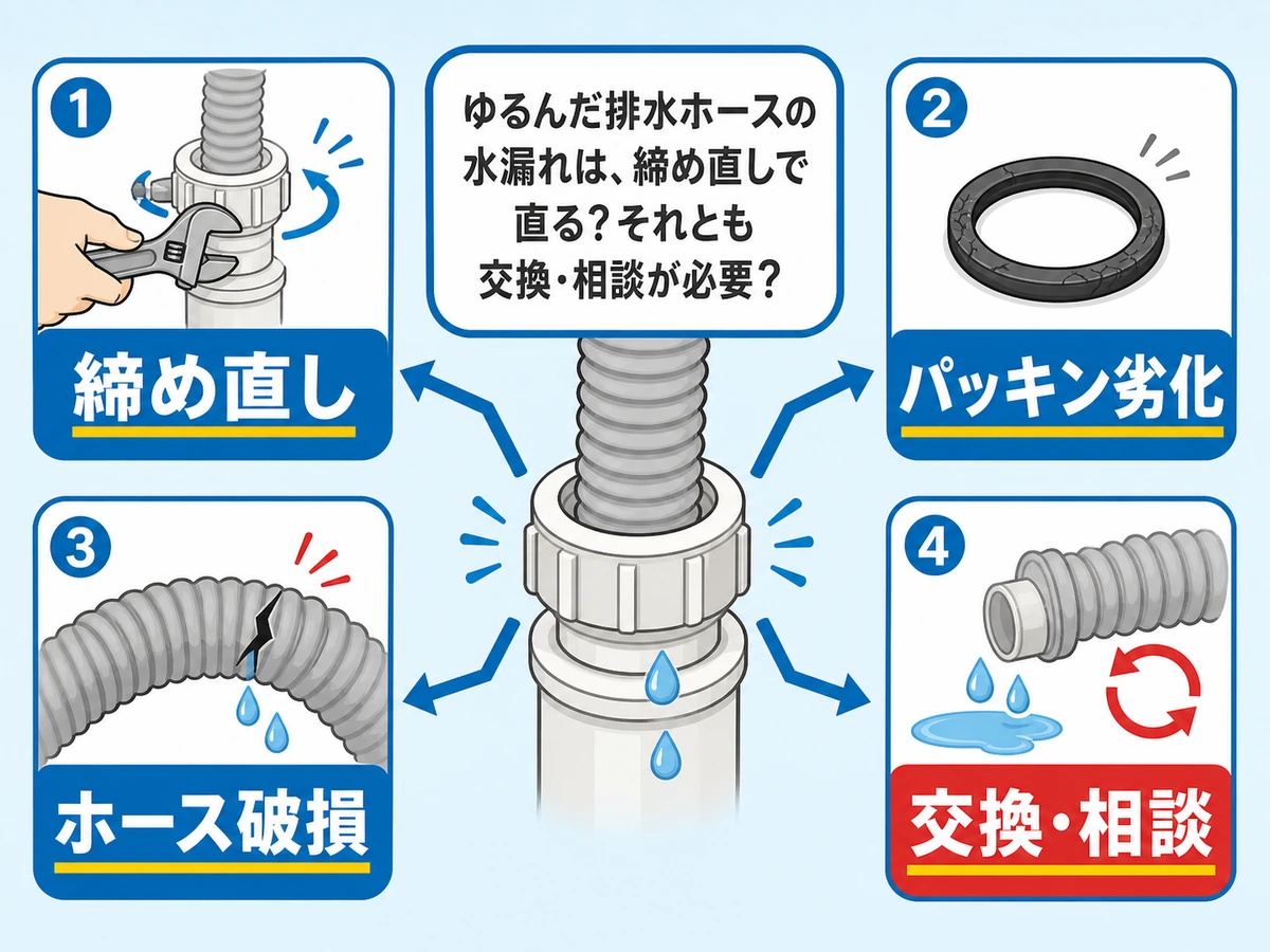 排水ホースの締め直しで済む状態と交換相談が必要な状態の判断図
