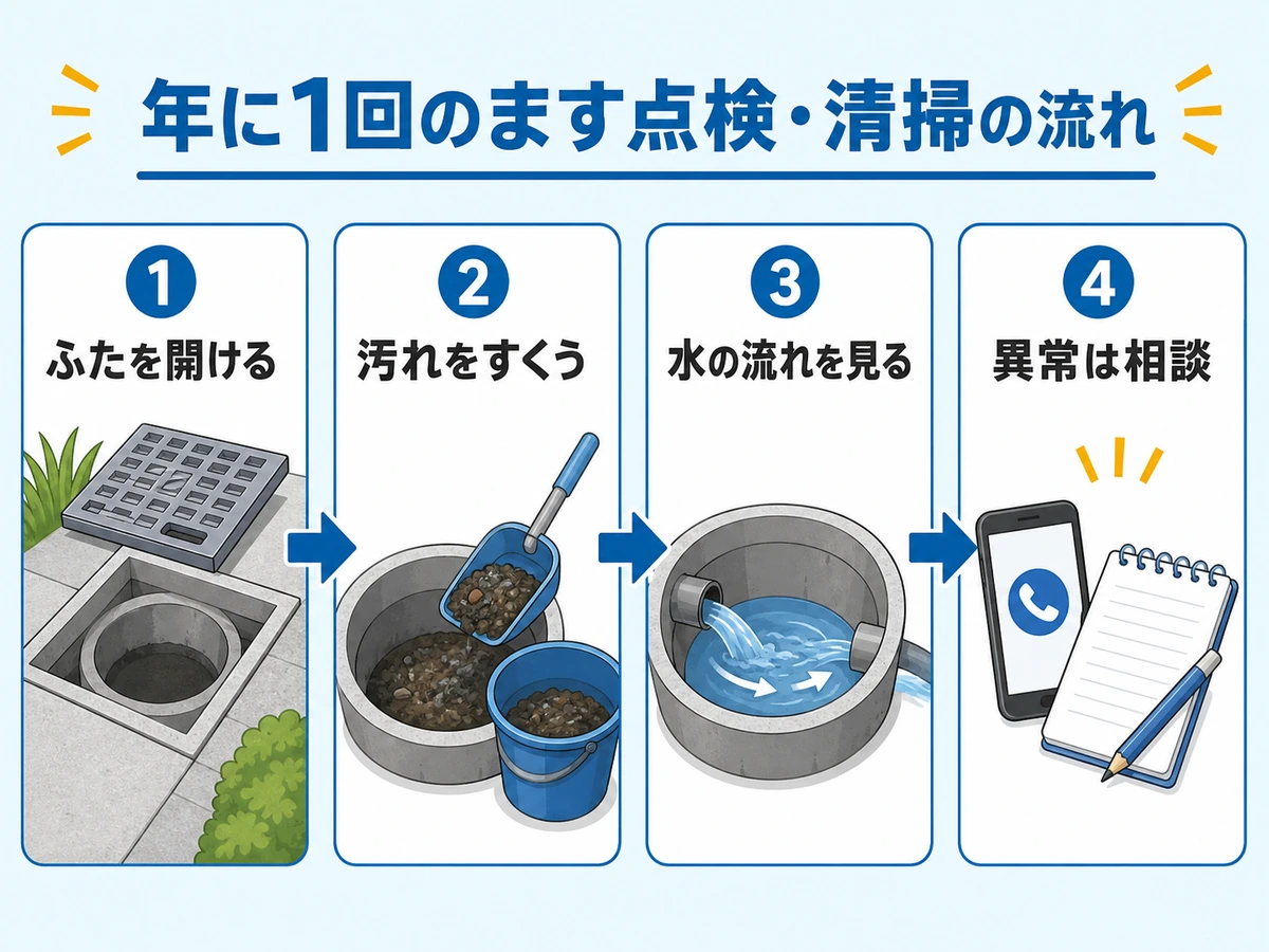 排水桝の年1点検と清掃の流れを4段階で示す図解