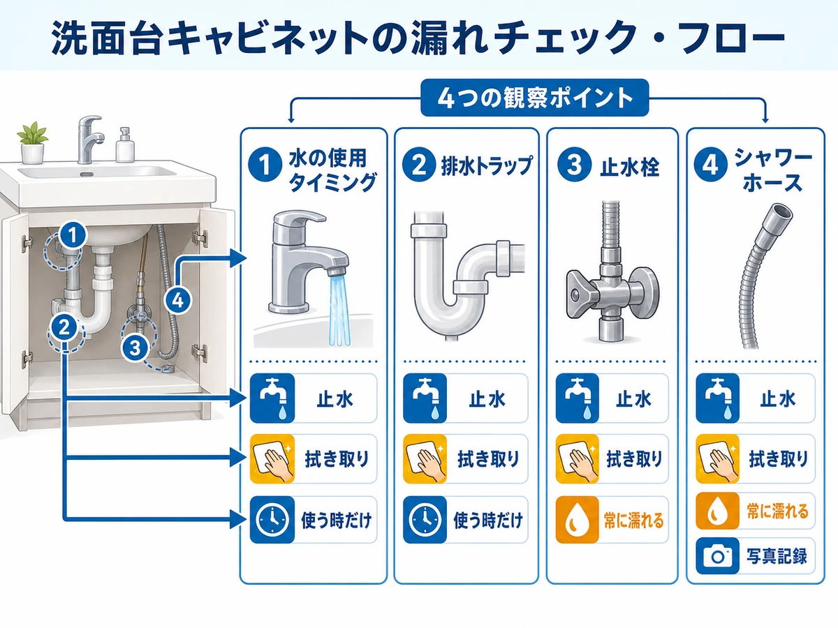 洗面台下の水漏れで止水、拭き取り、使用時だけか常時かを確認する流れ