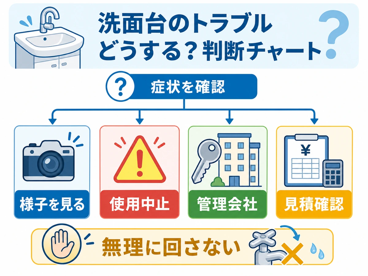 洗面台下の水漏れで使用中止、管理会社連絡、見積確認を判断する図