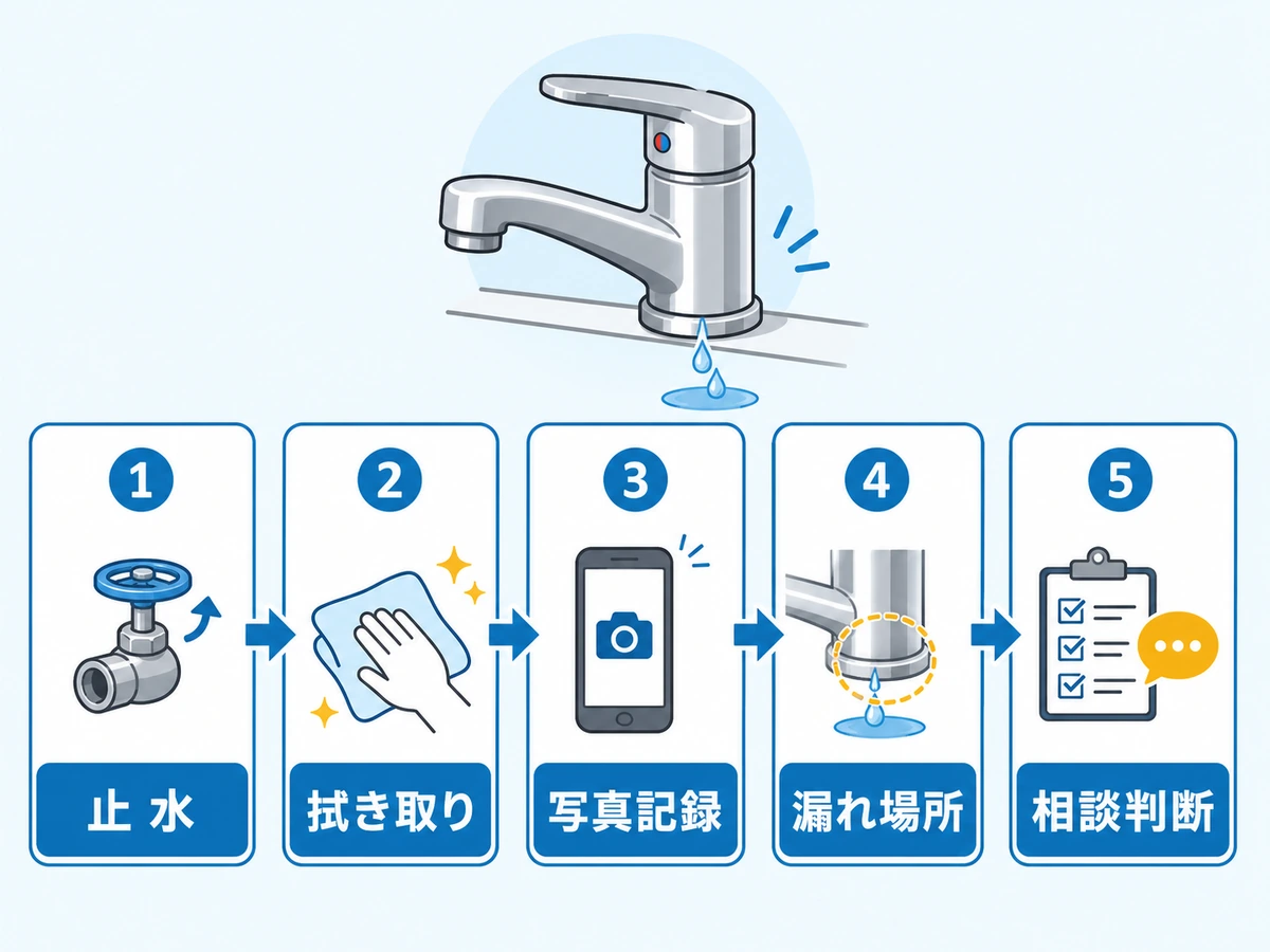 混合水栓の根元水漏れで止水から相談判断までの確認順を示す図