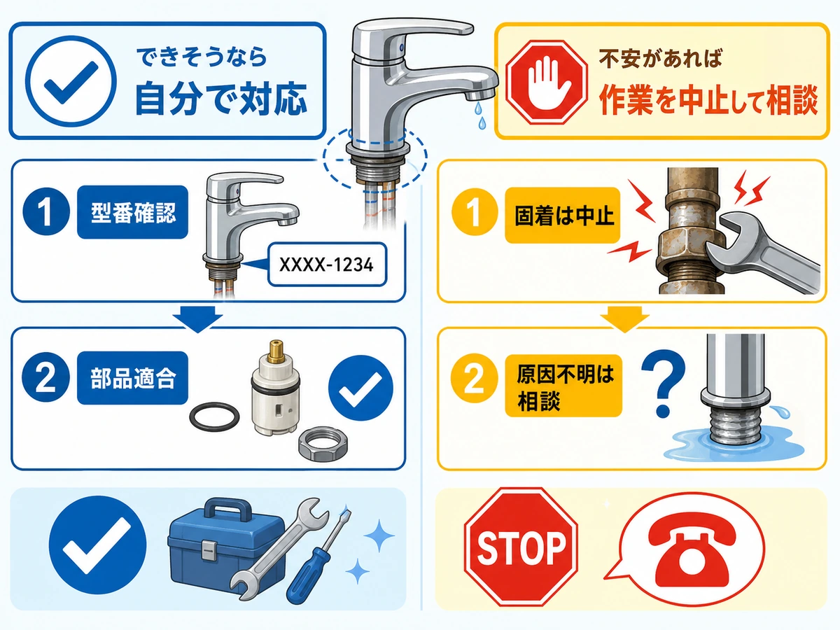 混合水栓の根元水漏れで自分で確認してよい範囲と相談目安を示す図