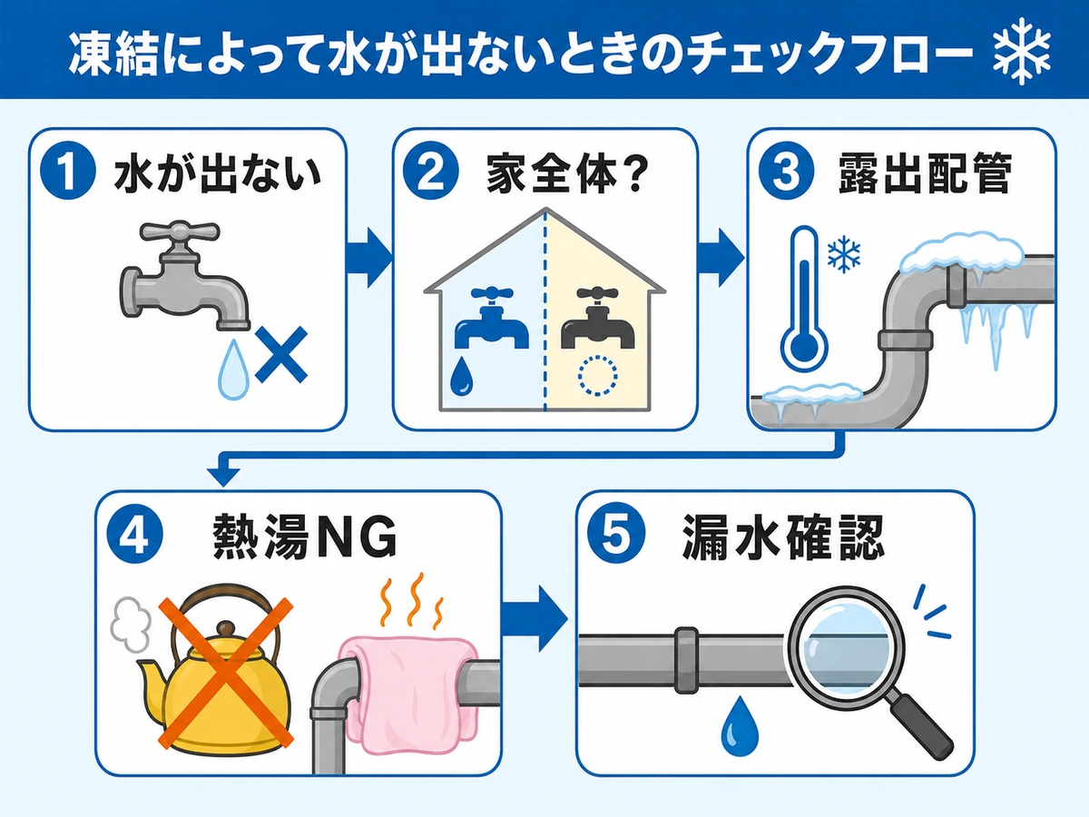 水道管凍結で水が出ない時の確認順を示すチェックフロー