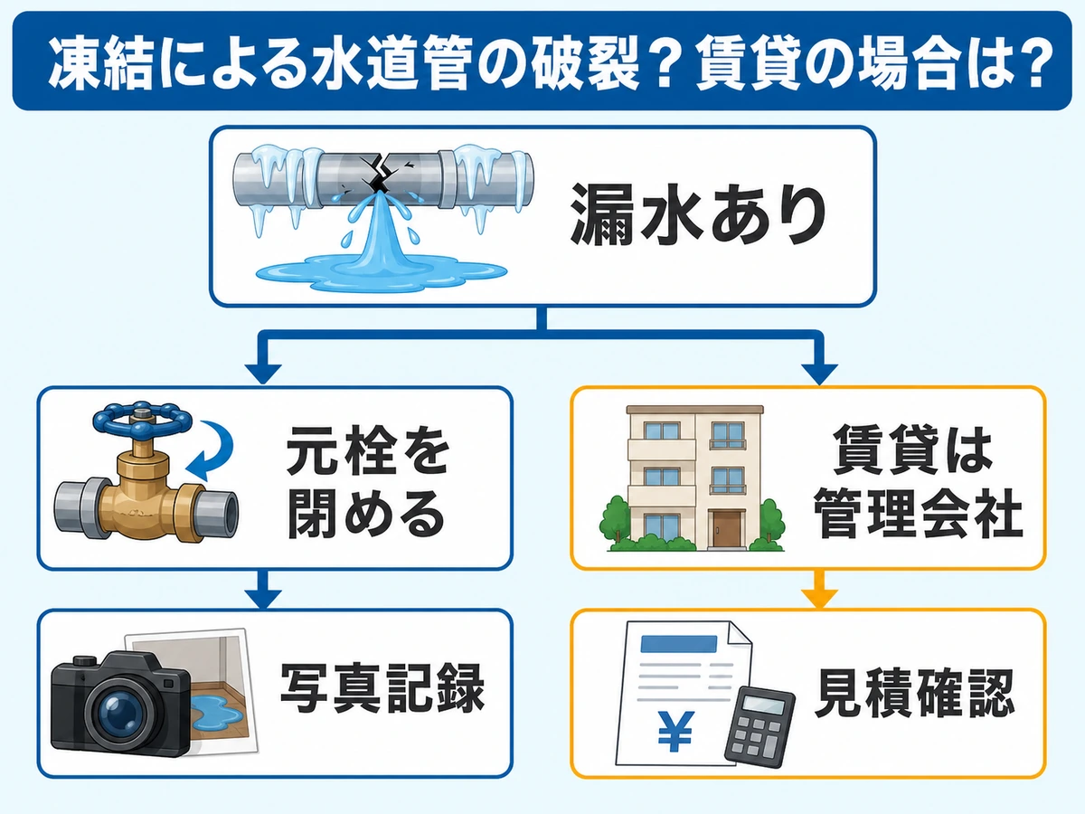 水道管凍結で漏水や賃貸対応が必要な時の連絡判断図