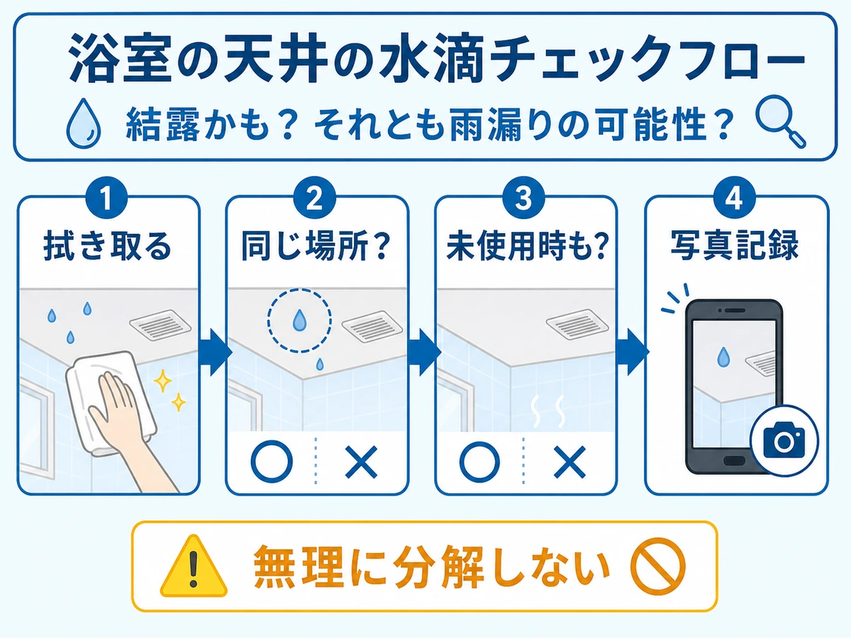 浴室天井の水滴を拭き取り、同じ場所の再発や未使用時の滴りを確認する流れ