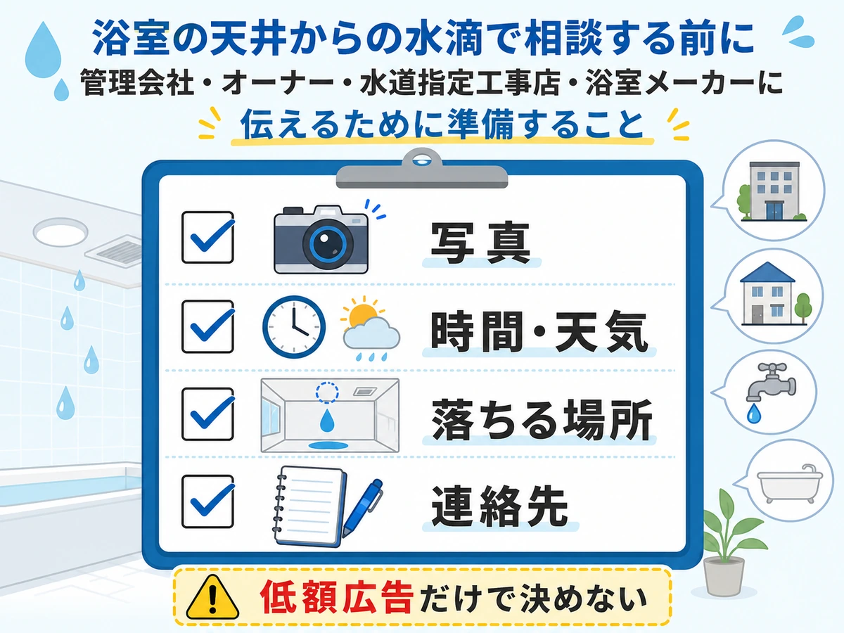 浴室天井の水滴で相談する前に写真、時間、天気、落ちる場所、連絡先を整理するチェックリスト