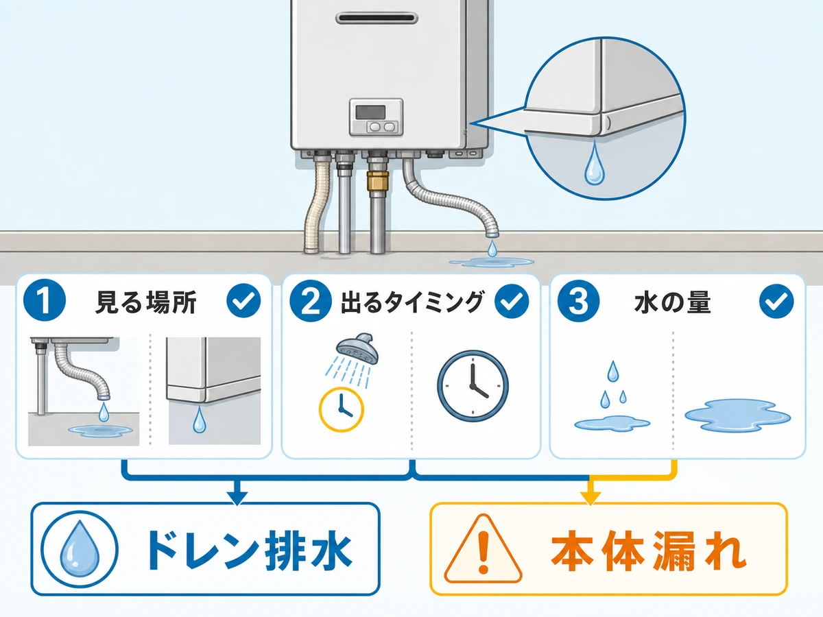 給湯器のドレン排水と本体漏れを場所、タイミング、水量で見分ける図解