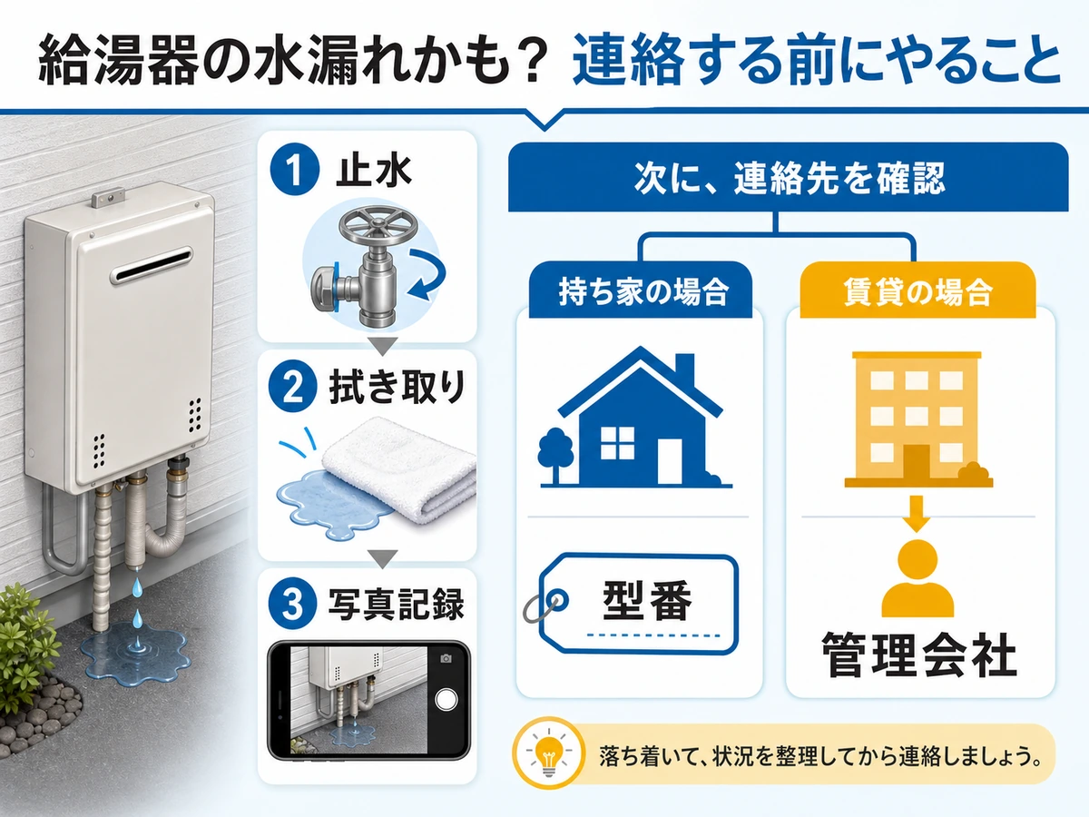 給湯器の水漏れで連絡前に確認する止水、拭き取り、写真記録、管理会社、型番の図解