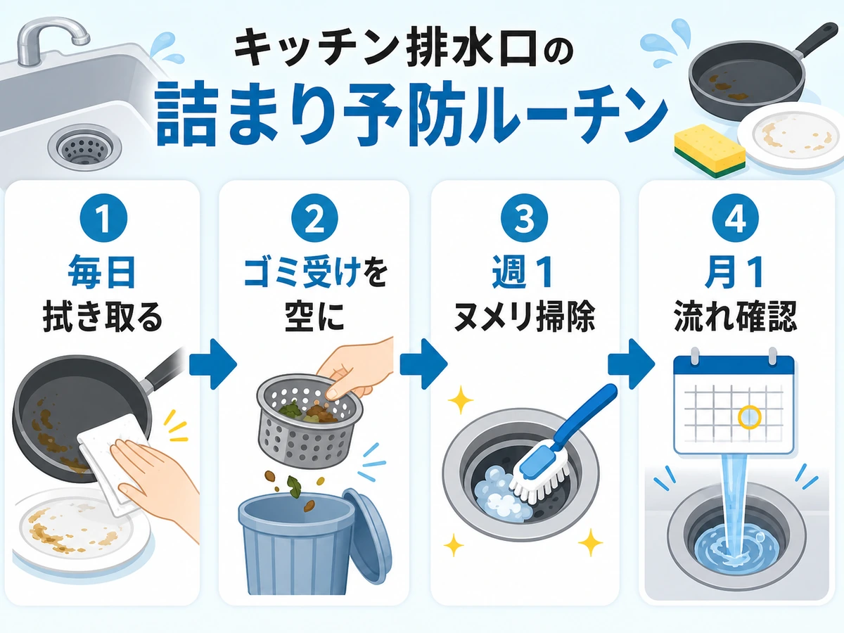 キッチン排水口の毎日・週1・月1ケアの流れ