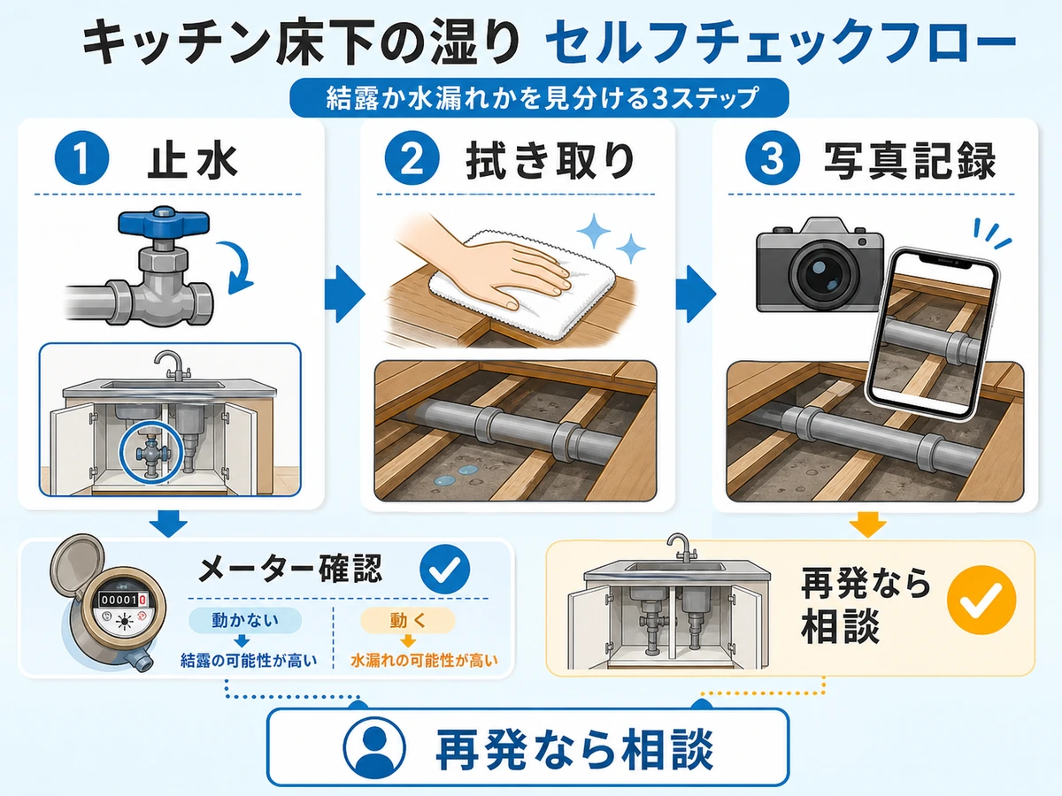 キッチン床下の濡れを止水、拭き取り、写真記録、メーター確認で切り分ける流れ