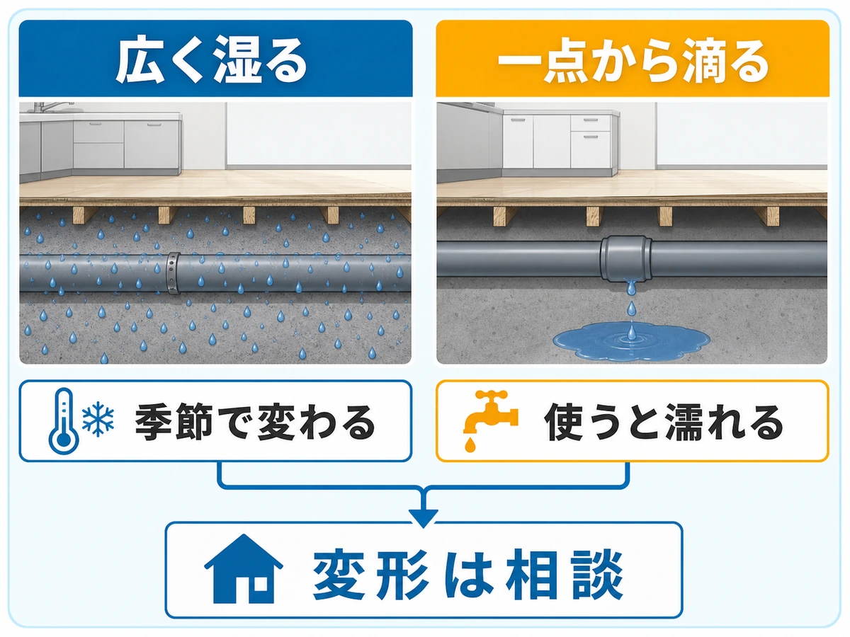 結露が疑わしい濡れ方と水漏れが疑わしい濡れ方を比較する図解