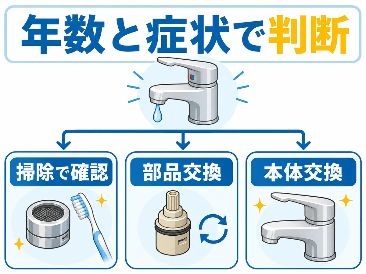 掃除、部品交換、本体交換を年数と症状で判断する図