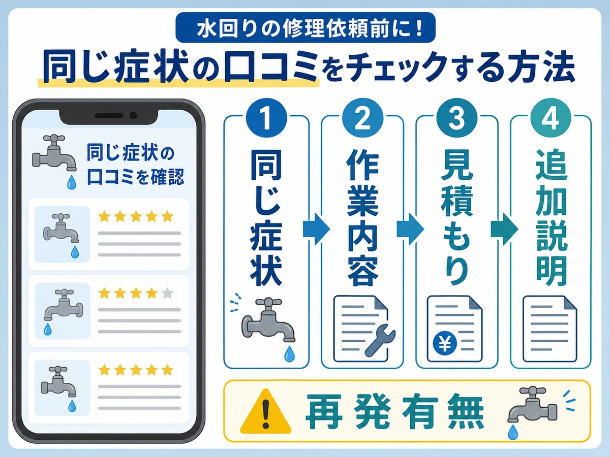 水道修理の口コミで同じ症状と作業内容を確認する流れ