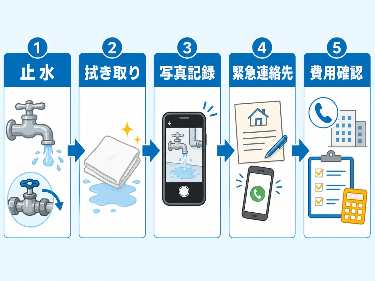 賃貸の水漏れで止水、拭き取り、写真記録、緊急連絡先、費用確認を行う流れ