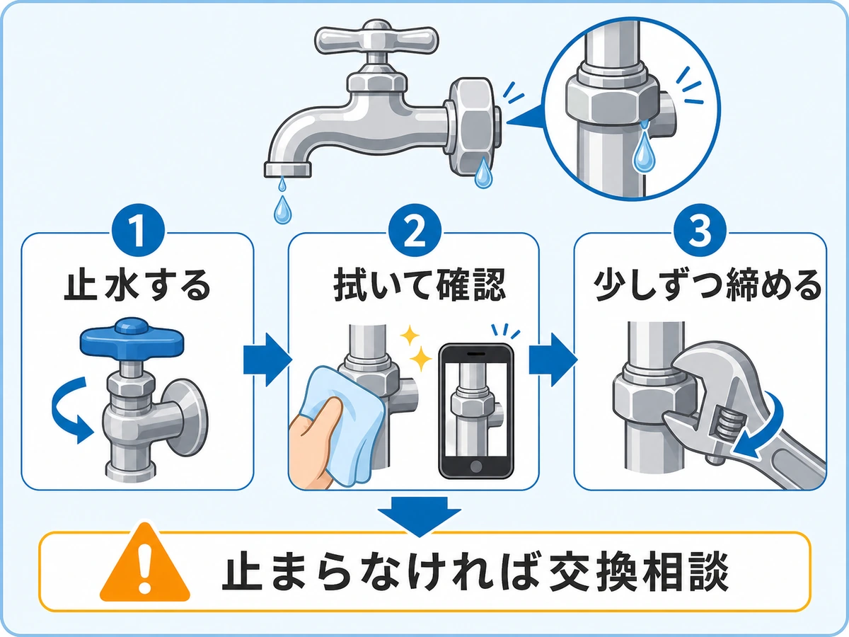 水漏れ時に止水し、拭き取って確認してから少しずつ締める流れ